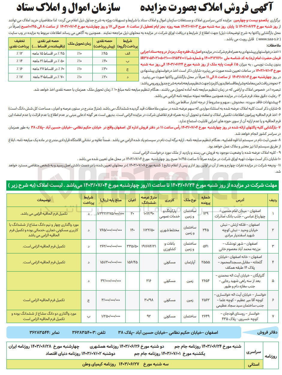 تصویر کوچک آگهی فروش املاک و مستغلات در 7 ردیف در شهرهای اصفهان، گلپایگان، خوانسار با کاربری های پارکینگ و خدمات عمومی، مختلط شهری، باغات و کشاورزی، مسکونی