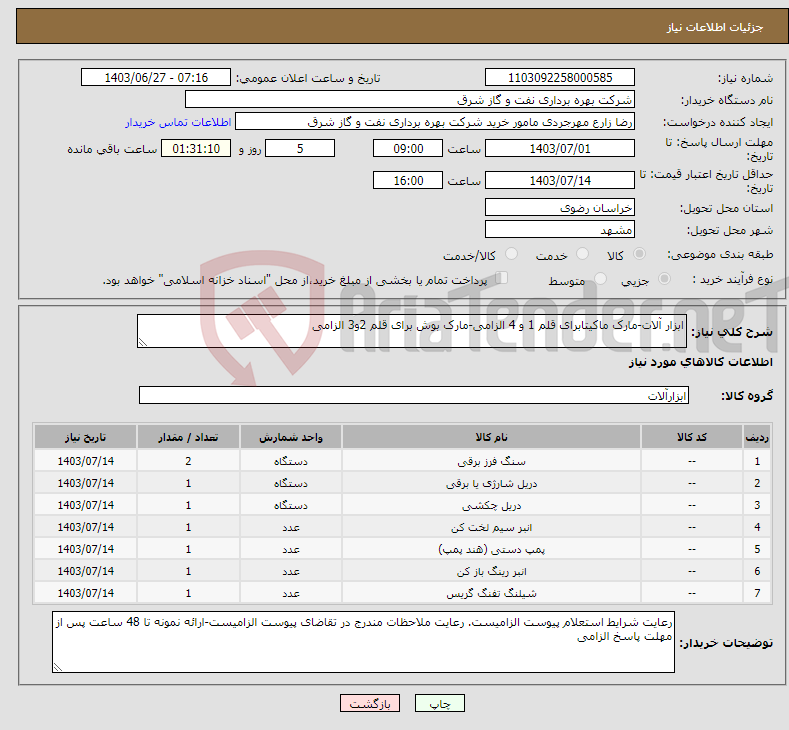 تصویر کوچک آگهی نیاز انتخاب تامین کننده-ابزار آلات-مارک ماکیتابرای قلم 1 و 4 الزامی-مارک بوش برای قلم 2و3 الزامی