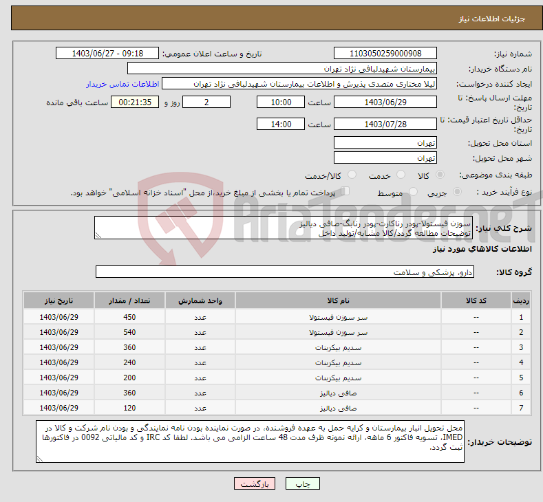 تصویر کوچک آگهی نیاز انتخاب تامین کننده-سوزن فیستولا-پودر رناکارت-پودر رنابگ-صافی دیالیز توضیحات مطالعه گردد/کالا مشابه/تولید داخل