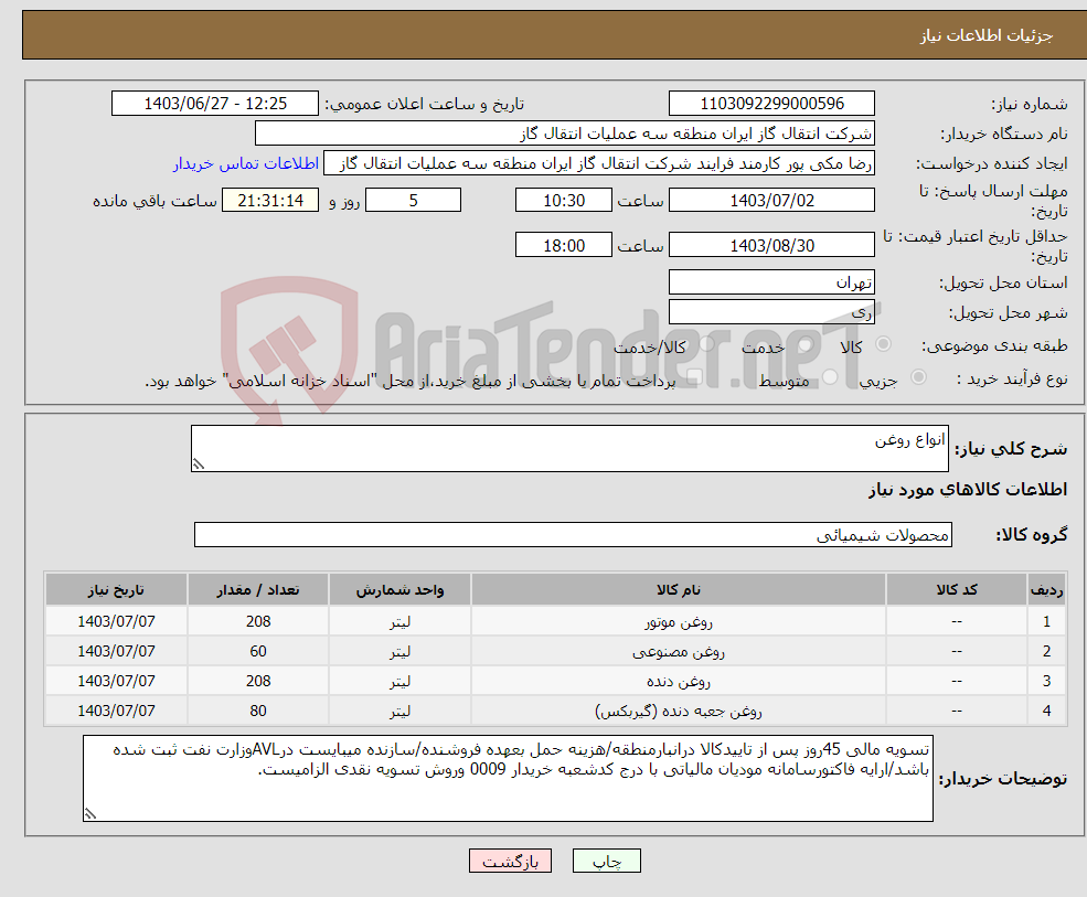 تصویر کوچک آگهی نیاز انتخاب تامین کننده-انواع روغن 