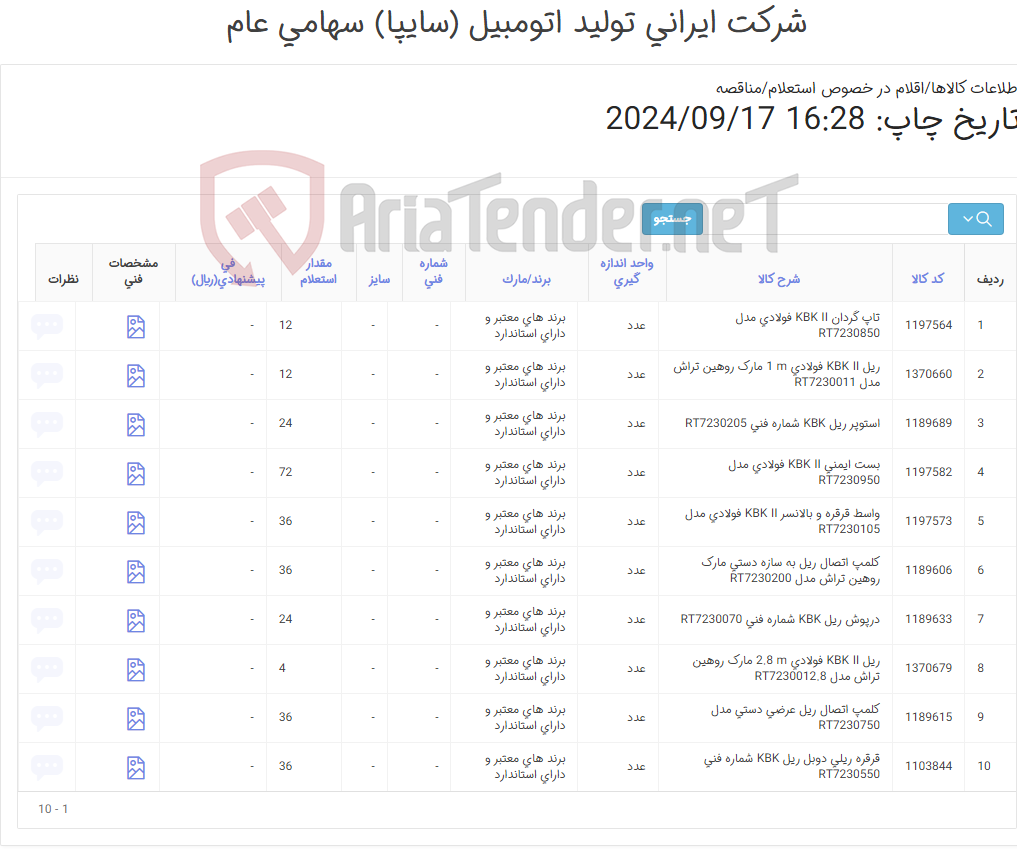 تصویر کوچک آگهی تأمین ده ردیف اقلام ریل های KBK