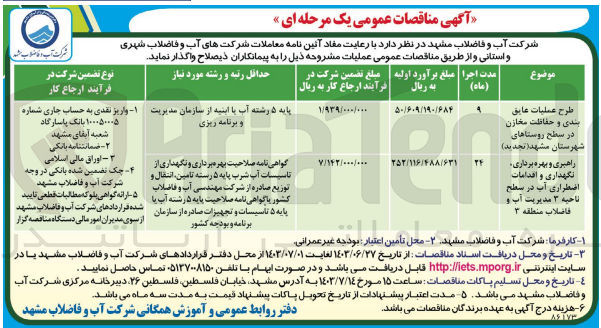 تصویر کوچک آگهی طرح عملیات عایق بندی و حفاظت مخازن در سطح روستاهای (معین آباد -بالندر-قیاس آباد -خوروسطی-صیدآباد -فریزی -کوشک آباد )شهرستان مشهد 
