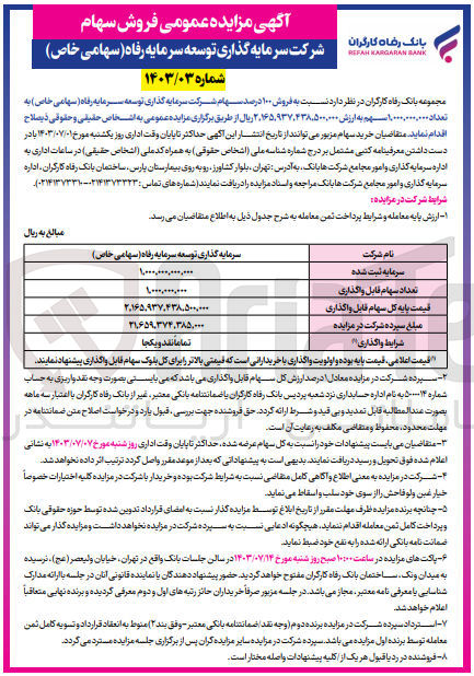 تصویر کوچک آگهی فروش 100 درصد سهام شرکت سرمایه گذاری توسعه سرمایه رفاه به تعداد 1/000/000/000سهم 