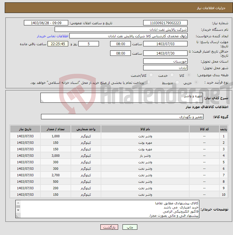 تصویر کوچک آگهی نیاز انتخاب تامین کننده-مهره و واشر