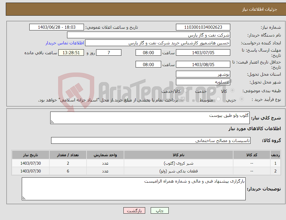 تصویر کوچک آگهی نیاز انتخاب تامین کننده-گلوب ولو طبق پیوست 