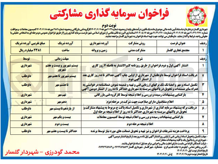 تصویر کوچک آگهی سرمایه گذاری مشارکتی مجتمع تجاری گلسار