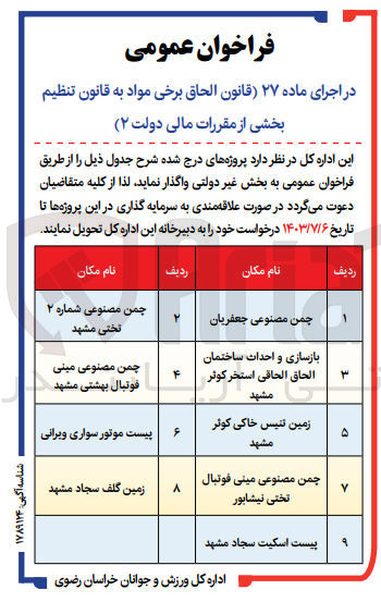 تصویر کوچک آگهی واگذاری پروژه چمن مصنوعی مینی فوتبال تختی نیشابور
