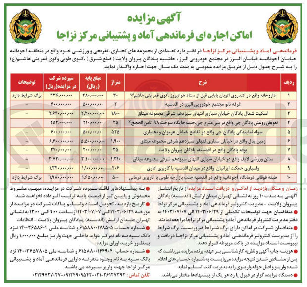تصویر کوچک آگهی اجاره  تعدادی از مجموعه های تجاری تفریحی و ورزشی :
داروخانه
رفه نانو مجتمع خودرویی البرز
اسکیت شمال پادگان خیابان سباری
تعویض روغنی پادگان جی
سوله نمایندگی پادگان جی 
زمین پدل
بوفه پادگان 
سالن ورزشی لایف 
واسپاری حکمت ایرانیان با کاربری اداری 
طبقه فوقانی درمانگاه آجودانیه
