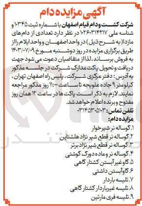 تصویر کوچک آگهی فروش تعدادی از دام های مازاد در واحد اصفهان و واحد ایلام :
گوساله نر شیرخوار
گوساله نر قطع شیر نژاد هلشتاین 
گوساله نر قطع شیر نژاد برتر
گوساله نر و ماده دورک گوشتی 
گاو غیر آبستن کشتارگاهی
گاوآبستن داشتی
تلیسه باردار
تلیسه غیر باردار کشتارگاهی
تلیسه فری مارتین