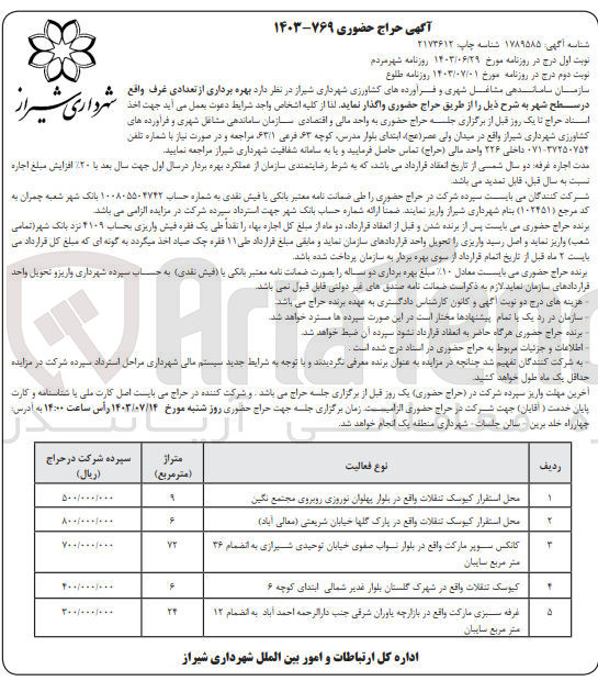 تصویر کوچک آگهی بهره برداری از تعدادی غرف واقع در سطح شهر 