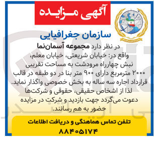 تصویر کوچک آگهی واگذاری مجموعه آسمان  نما به مساحت تقریبی 2000 مترمربع در دو طبقه 