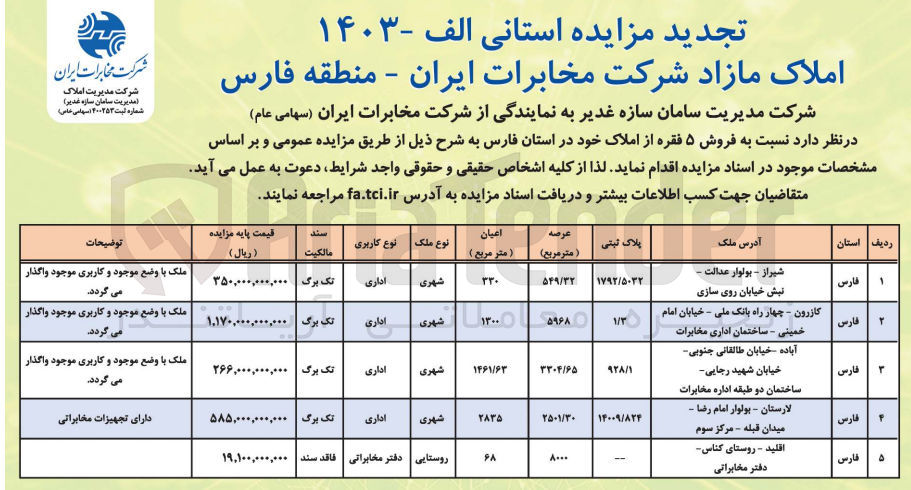 تصویر کوچک آگهی فروش 5 فقره از املاک در استان فارس با کاربری های اداری، دفتر مخابراتی