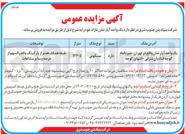 تصویر کوچک آگهی فروش یک واحد آپارتمان مازاد باکاربری مسکونی ومتراژ 126/5