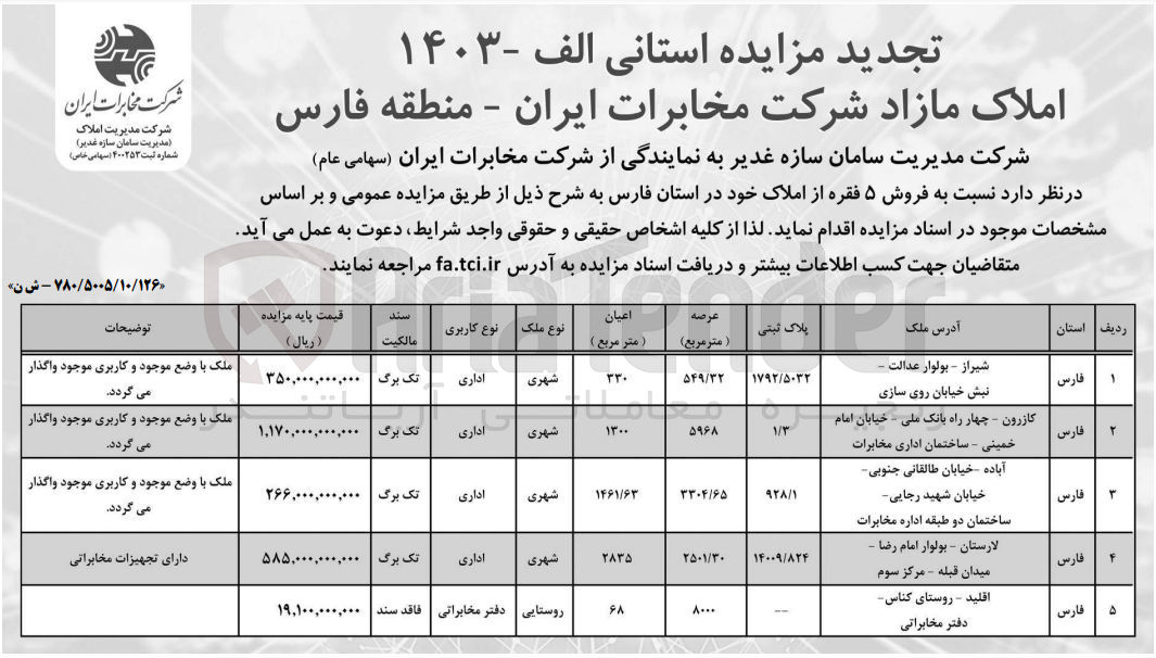 تصویر کوچک آگهی فروش 5 فقره از املاک باکاربری اداری و دفتر مخابراتی 