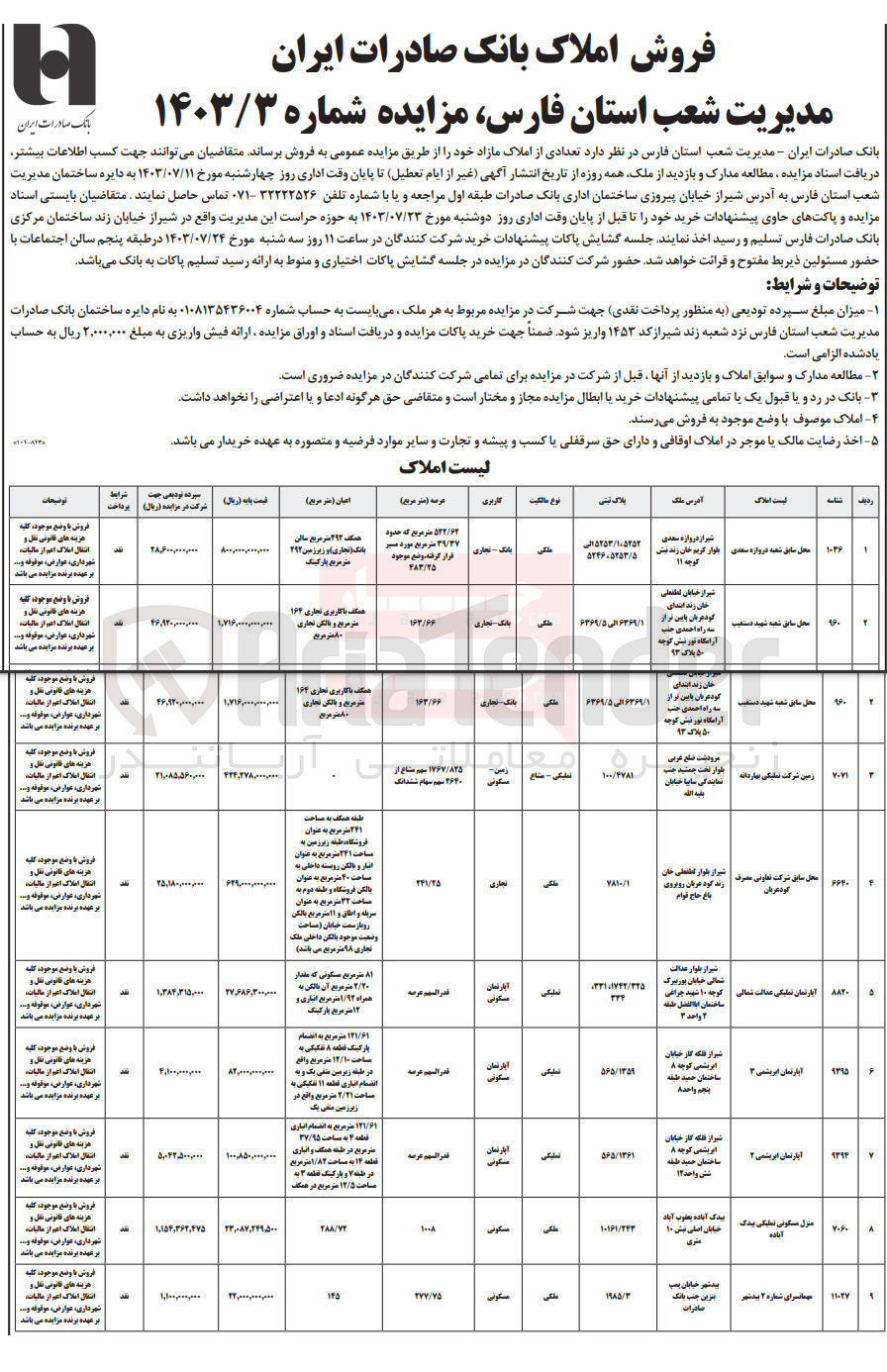 تصویر کوچک آگهی فروش تعدادی از املاک در 9ردیف باکاربری مسکونی -تجاری 