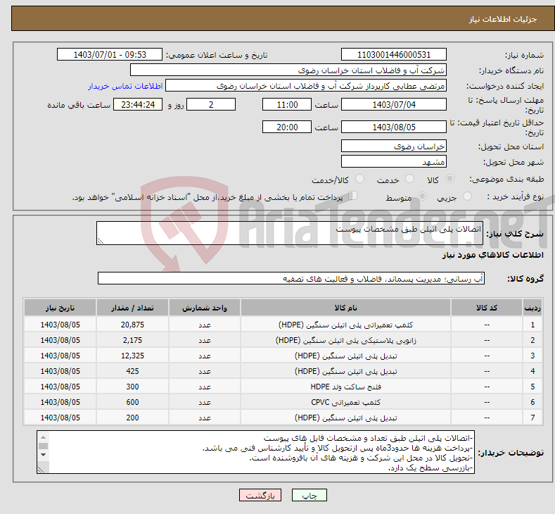 تصویر کوچک آگهی نیاز انتخاب تامین کننده-اتصالات پلی اتیلن طبق مشخصات پیوست