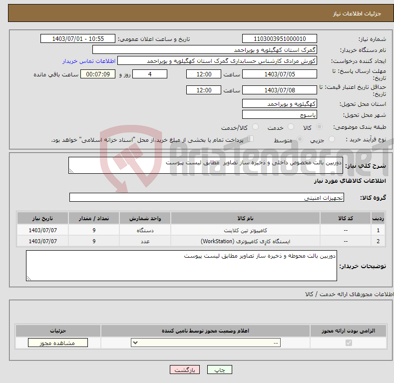 تصویر کوچک آگهی نیاز انتخاب تامین کننده-دوربین بالت مخصوص داخلی و ذخیره ساز تصاویر مطابق لیست پیوست 