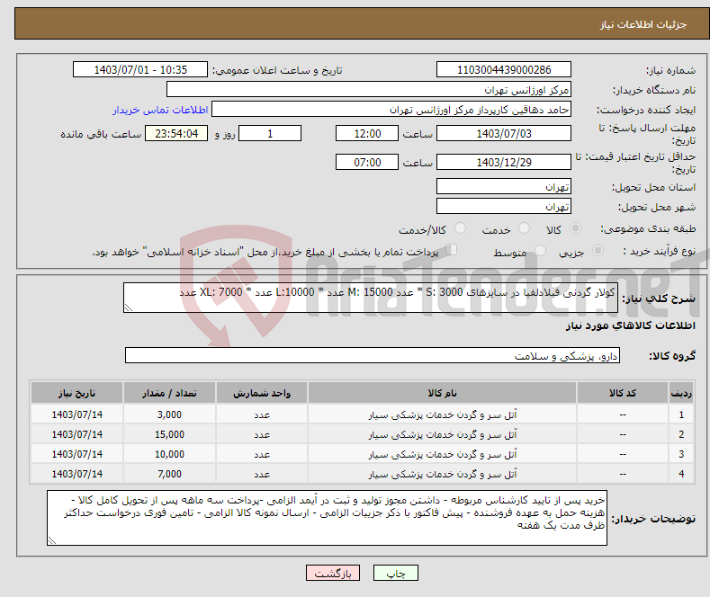 تصویر کوچک آگهی نیاز انتخاب تامین کننده-کولار گردنی فیلادلفیا در سایزهای S: 3000 * عدد M: 15000 عدد * L:10000 عدد * XL: 7000 عدد