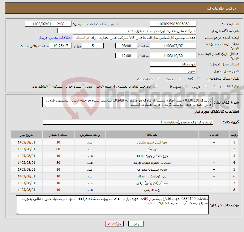 تصویر کوچک آگهی نیاز انتخاب تامین کننده-تقاضای 0330120 جهت اطلاع بیشتر از کالای مورد نیاز به تقاضای پیوست شده مراجعه شود ، پیشنهاد فنی ، مالی بصورت مجزا پیوست گردد ، خرید اعتباری است.