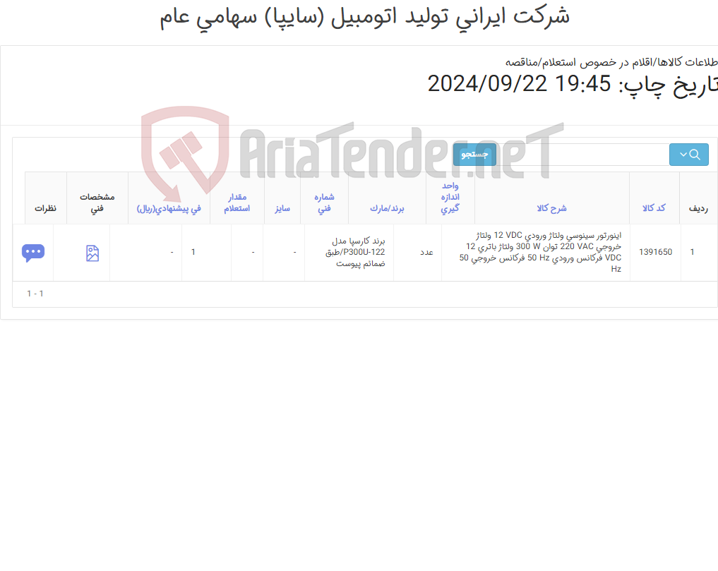 تصویر کوچک آگهی اینور تور سیسنوسی طبق ضمائم پیوست