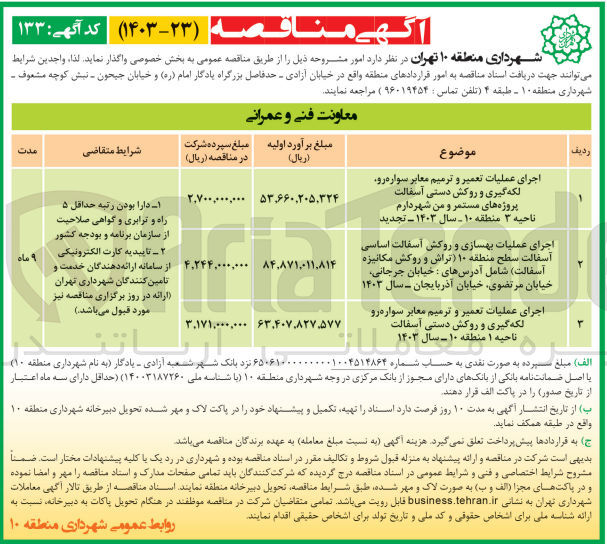 تصویر کوچک آگهی اجرای عملیات تعمیرو ترمیم معابر سواره رو لکه گیری و روکش دستی آسفالت ناحیه 1 منطقه 10