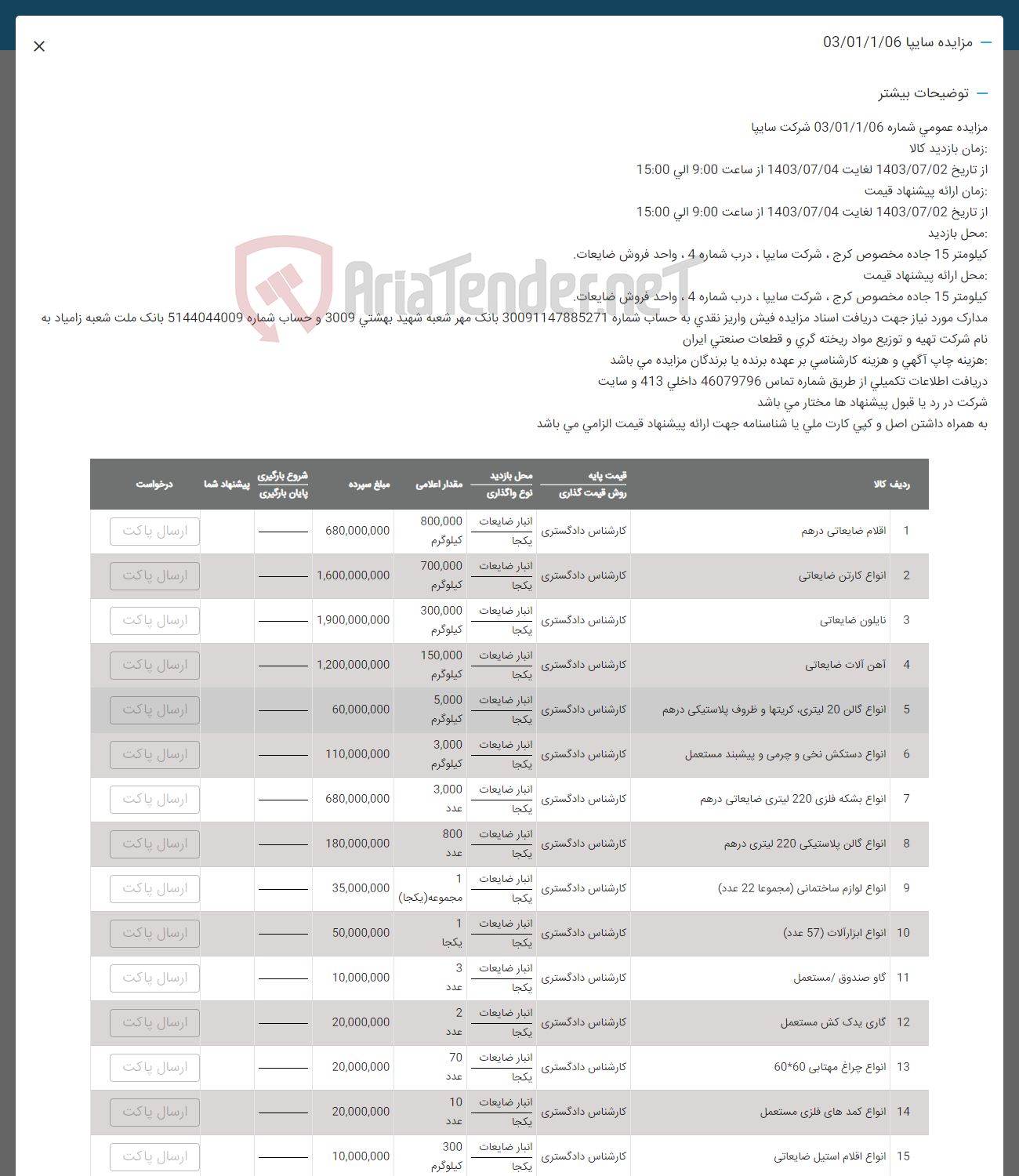 تصویر کوچک آگهی فروش اقلام شامل ک اقلام ضایعاتی درهم- انواع کارتن ضایعاتی -نایلون ضایعاتی -آهن آلات ضایعاتی -انواع گالن- انواع دستکش نخی -انواع بشکه -فلزی -انواع لوازم ساختمانی -انواع ابزار آلات- گاو صنودق-گاری یدک کش -انواع چراغ مهتابی -انواع کمد -انواع اقلام استیل ضایعاتی