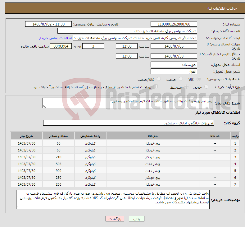 تصویر کوچک آگهی نیاز انتخاب تامین کننده-پیچ نیم رزوه و فلت واشر- مطابق مشخصات فرم استعلام پیوستی