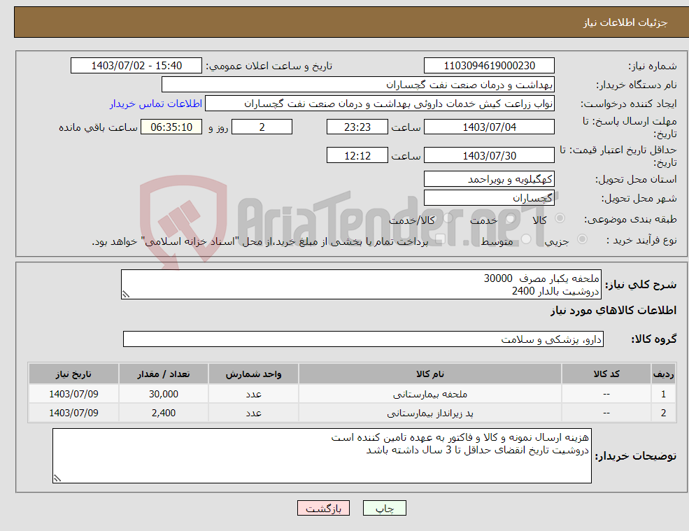 تصویر کوچک آگهی نیاز انتخاب تامین کننده-ملحفه یکبار مصرف 30000 دروشیت بالدار 2400