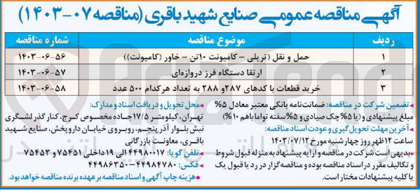 تصویر کوچک آگهی خرید قطعات با کدهای ۲۸۷ و ۲۸۸ به تعداد هر کدام ۵۰۰ عدد