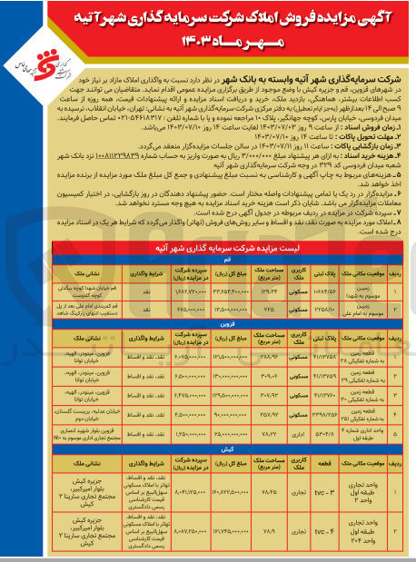 تصویر کوچک آگهی فروش املاک مازاد در 2 دریف استان قم، 5 ردیف استان قزوین، 2 ردیف کیش، با کاربری های مسکونی، اداری، تجاری