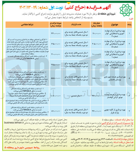 تصویر کوچک آگهی بهره برداری از :
مرکز مهارت آموزی و اشتغالزایی کوثر شماره ۴
مرکز مهارت آموزی و اشتغالزایی کوثر شماره ۵
مرکز مهارت آموزی و اشتغالزایی کوثر شماره ۱
مرکز مهارت آموزی و اشتغالزایی کوثر شماره ۲
عرصه شهر بازی بوستان جانبازان
عرصه پیست موتور کراس کوهسار
کلبه چوبی پارک فراز