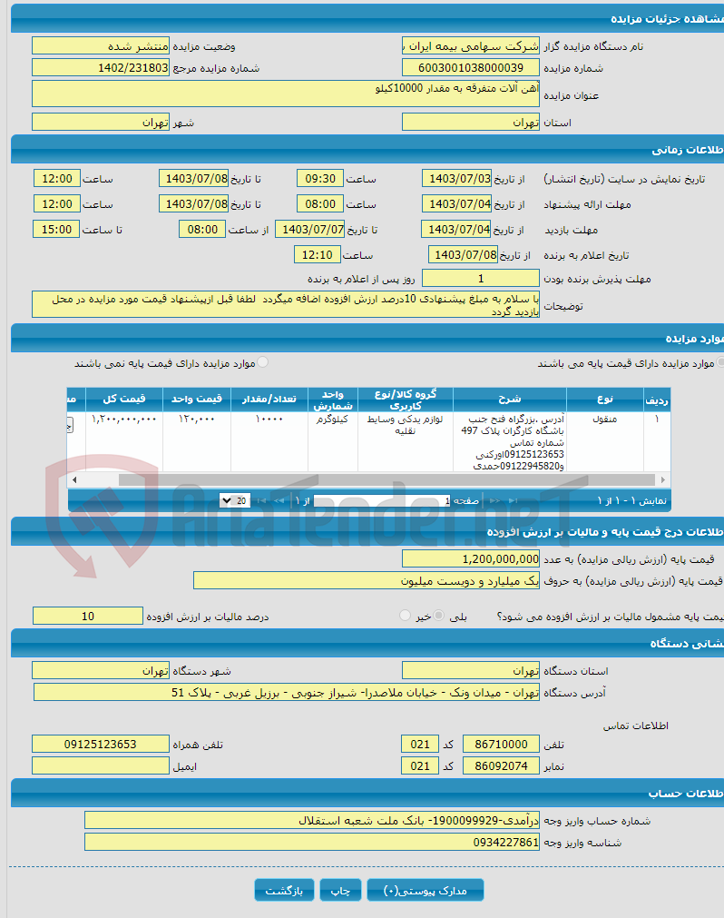 تصویر کوچک آگهی آهن آلات متفرقه به مقدار 10000کیلو