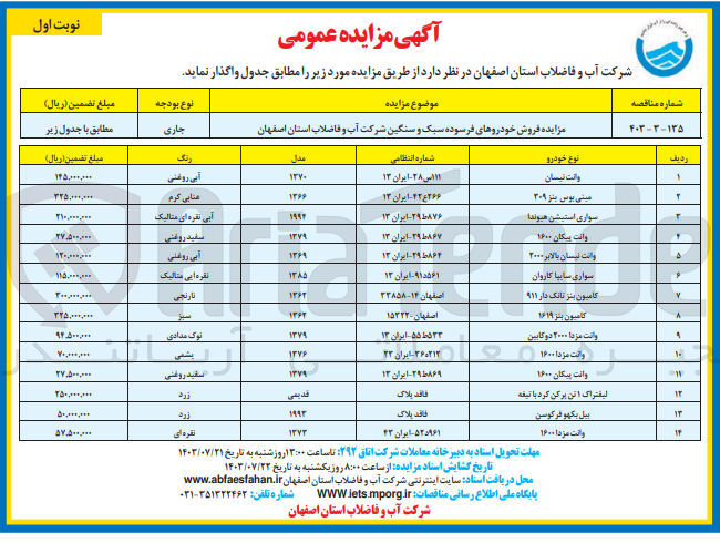 تصویر کوچک آگهی فروش خودرو های فرسوده سبک وسنگین شرکت آب و فاضلاب