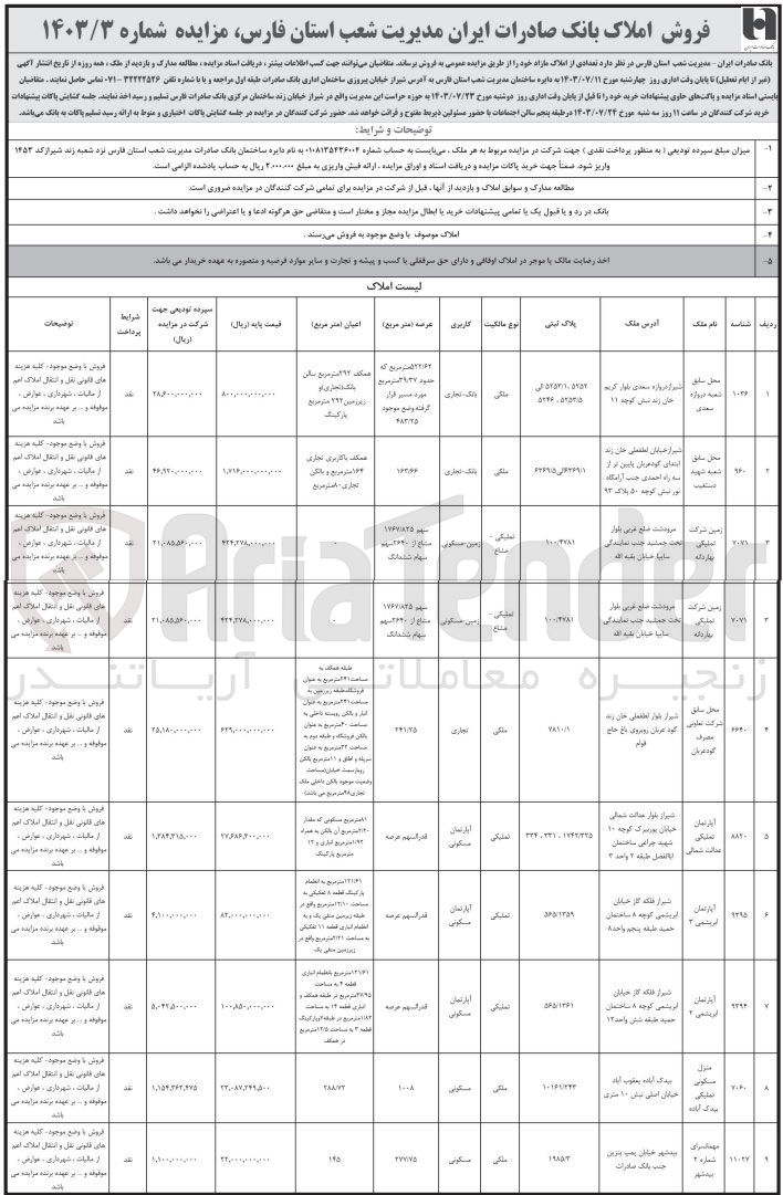 تصویر کوچک آگهی فروش تعدادی از املاک در 9 ردیف با کاربری های مسکونی، تجاری، آپارتمان، بانک