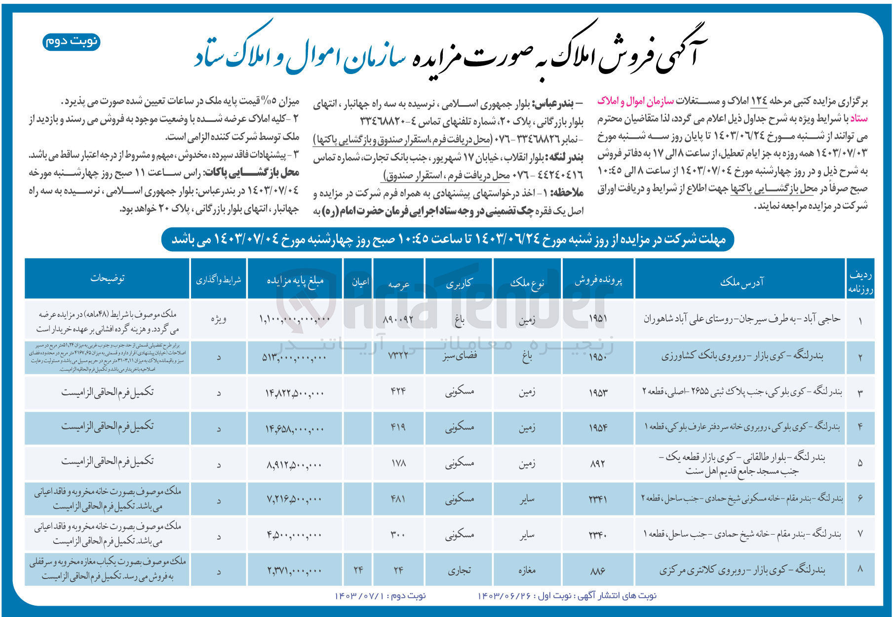 تصویر کوچک آگهی فروش املاک و مستغلات در 8 ردیف در شهرهای حاجی آباد، بندرلنگه با کاربری های باغ، فضای سبز، مسکونی، تجاری