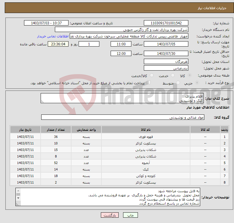 تصویر کوچک آگهی نیاز انتخاب تامین کننده-اقلام پذیرای کیک و نوشیدنی 