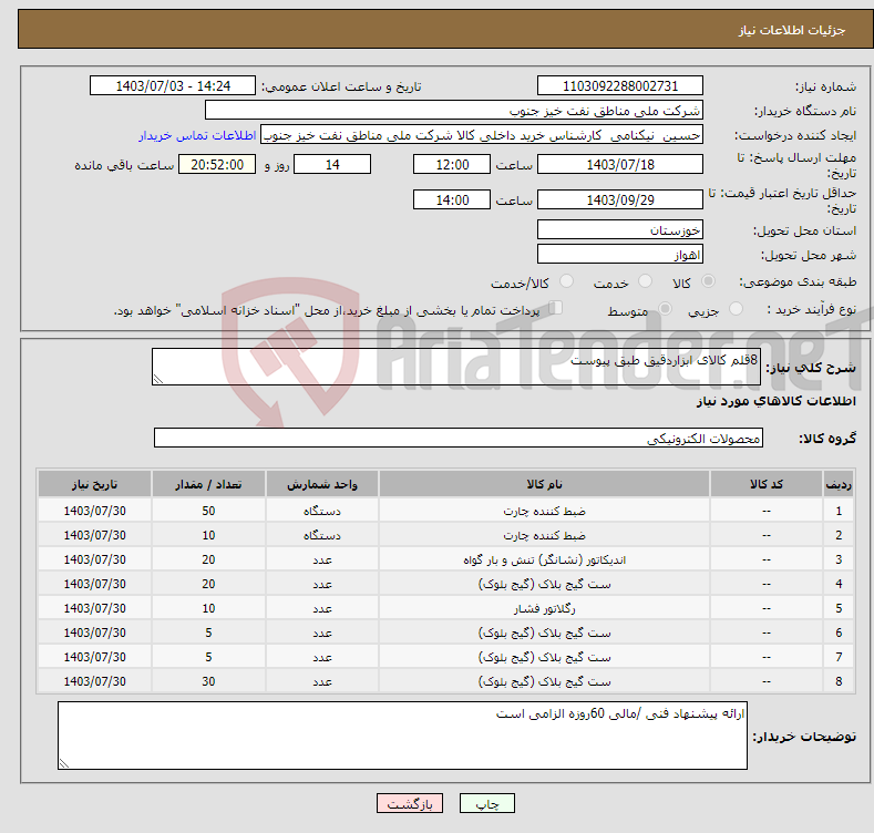 تصویر کوچک آگهی نیاز انتخاب تامین کننده-8قلم کالای ابزاردقیق طبق پیوست