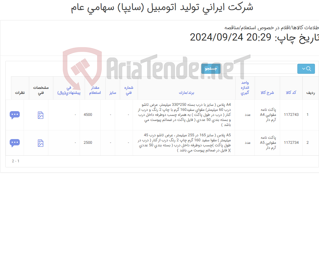 تصویر کوچک آگهی پاکت نامه اختصاصی سایپا