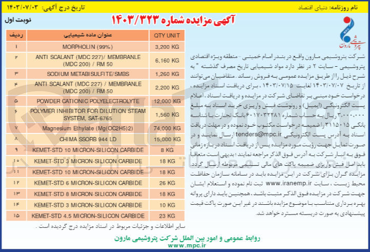 تصویر کوچک آگهی فروش مواد شیمیایی تاریخ مصرف گذشته :
MORPHOLIN (99%)
ANTI SCALANT (MDC 227)/ MEMBRANLE (MDC 200) / RM 50
SODIUM METABISULFITE/SMBS
ANTI SCALANT (MDC 227) / MEMBRANLE (MDC 200)/ RM 50
POWDER CATIONIC POLYELECTROLYTE
POLYMER INHIBITOR FOR DILUTION STEAM SYSTEM, SAT-6765
Magnesium Ethylate (Mg(OC2H5)2)
CHIMA SSORB 944 LD
KEMET-STD 10 MICRON-SILICON CARBIDE 
KEMET-STD 3 MICRON-SILICON CARBIDE
KEMET-STD 10 MICRON-SILICON CARBIDE 
KEMET-STD 6 MICRON-SILICON CARBIDE 
KEMET-STD 8 MICRON SILICON CARBIDE 
KEMET-STD 3 MICRON-SILICON CARBIDE 
KEMET-STD 4.5 MICRON-SILICON CARBIDE