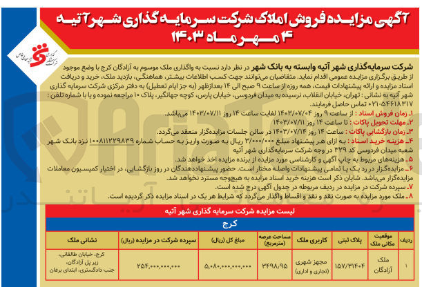 تصویر کوچک آگهی واگذاری ملک باکاربری مجهز شهری (تجاری و اداری ) به پلاک ثبتی 157/31404