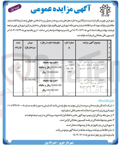 تصویر کوچک آگهی واگذاری به اجاره محل در 2 ردیف قطعه زمین به متراژ 30 مترمربع