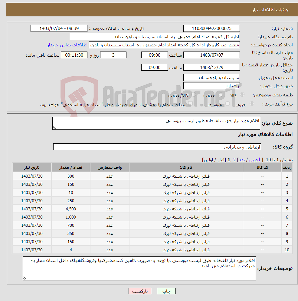 تصویر کوچک آگهی نیاز انتخاب تامین کننده-اقلام مورد نیاز جهت تلفنخانه طبق لیست پیوستی