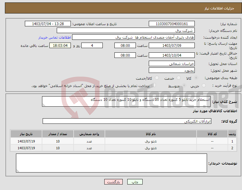 تصویر کوچک آگهی نیاز انتخاب تامین کننده-استعلام خرید تابلو 5 کنتوره تعداد 10 دستگاه و تابلو 10 کنتوره تعداد 10 دستگاه