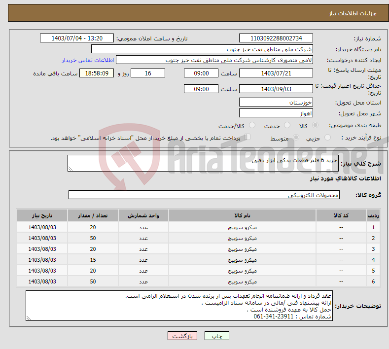 تصویر کوچک آگهی نیاز انتخاب تامین کننده-خرید 6 قلم قطعات یدکی ابزار دقیق