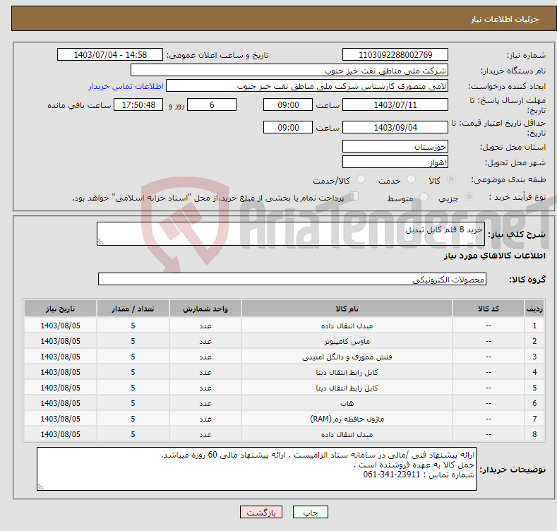 تصویر کوچک آگهی نیاز انتخاب تامین کننده-خرید 8 قلم کابل تبدیل