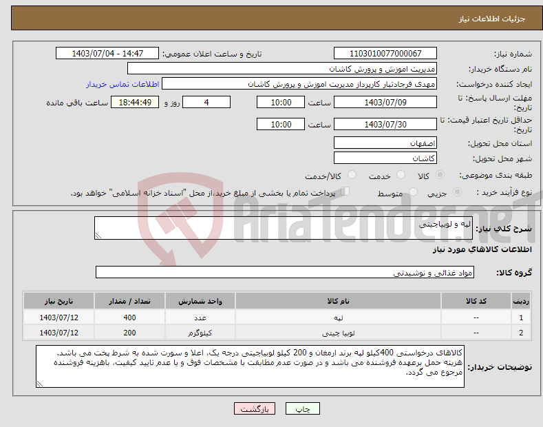 تصویر کوچک آگهی نیاز انتخاب تامین کننده-لپه و لوبیاچیتی