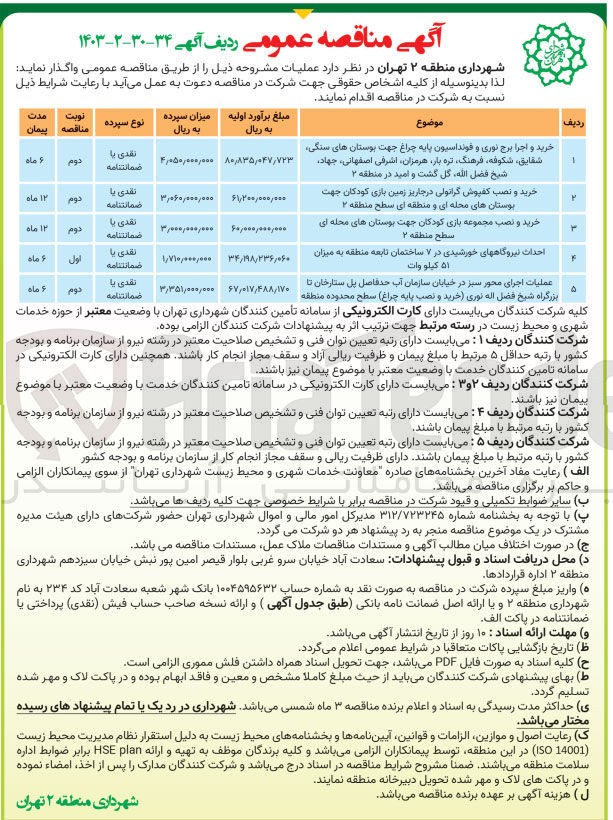 تصویر کوچک آگهی عملیات اجرای محور سبز در خیابان سازمان آب حدفاصل پل ستارخان تا بزرگراه شیخ فضل اله نوری خرید و نصب پایه (چراغ) سطح محدوده منطقه