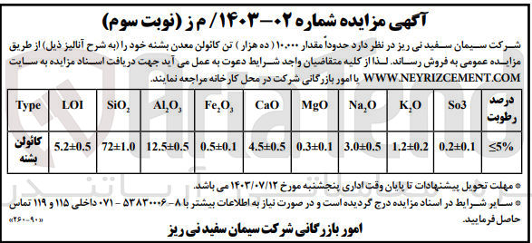 تصویر کوچک آگهی فروش حدود مقدار 10،000 تن کائولن معدن بشنه 