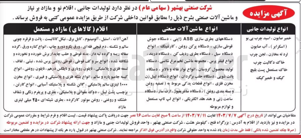 تصویر کوچک آگهی فروش تولیدات جانبی، اقلام نو و مازاد برنیاز و ماشین آلات صنعتی 
