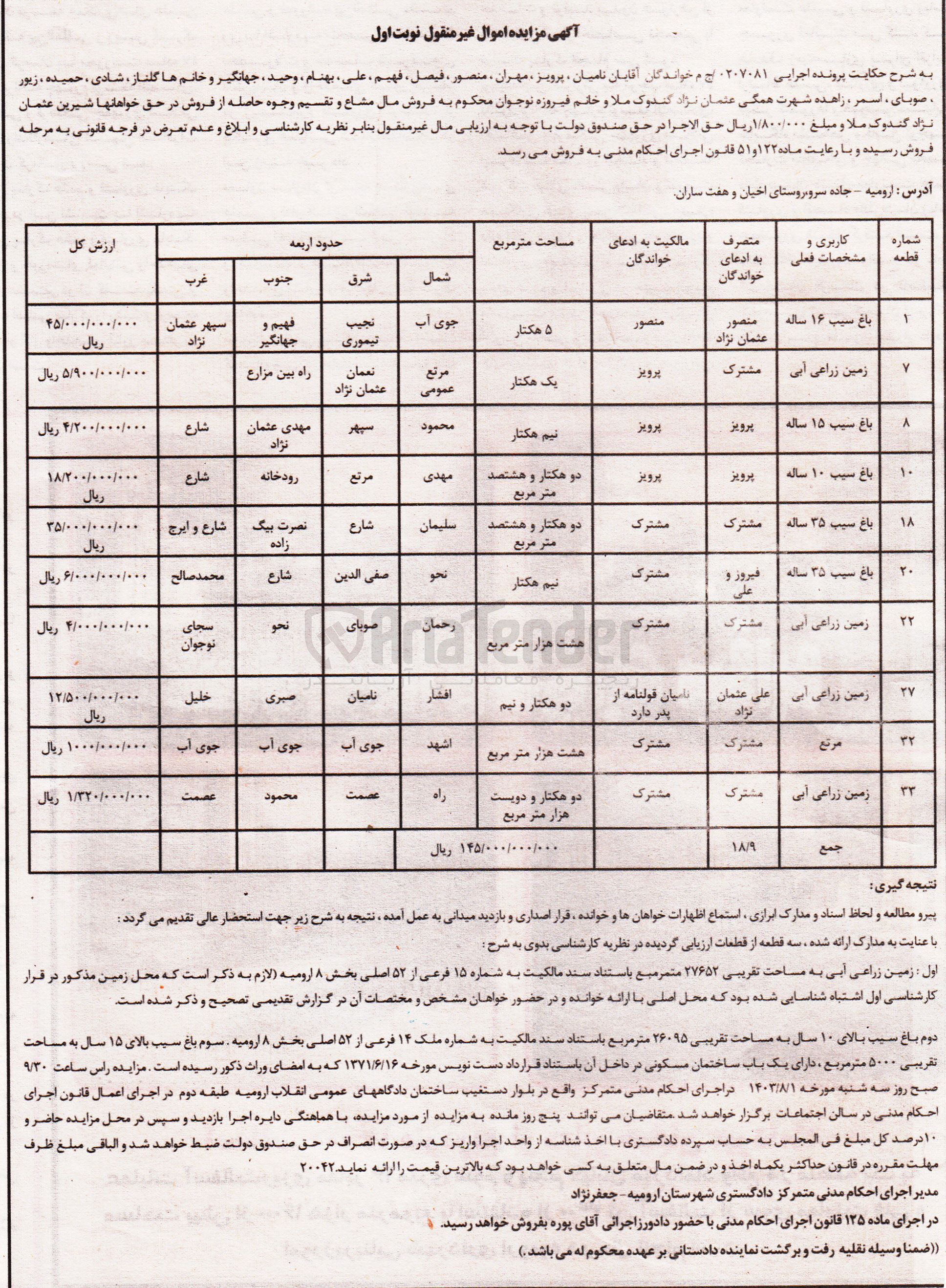 تصویر کوچک آگهی کلاسه : 0207081
فروش سه قطعه زمین :
1- زمین زراعی آبی به مساحت تقریبی ۲۷۶۵۲ متر مربع به شماره ۱۵ فرعی از ۵۲ اصلی بخش ۸ ارومیه 
2-  باغ سیب بالای ۱۰ سال به مساحت تقریبی ۲۶۰۹۵ متر مربع به شماره ملک ۱۴ فرعی از ۵۲ اصلی بخش ۸ ارومیه
3-  باغ سیب بالای ۱۵ سال به مساحت تقریبی ۵۰۰۰ متر مربع ، دارای یک باب ساختمان مسکونی